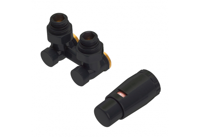 Комплект Schlosser Standard угловой G¾×¾ с термоголовкой MINI M30×1,5 + 2 Ниппеля,Ral 9005 matt.
