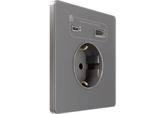 Розетка с заземлением, шторками и USB-A + USB-C 20 Вт Systeme Electric Infinity, Вулканический пепел, FSE000732