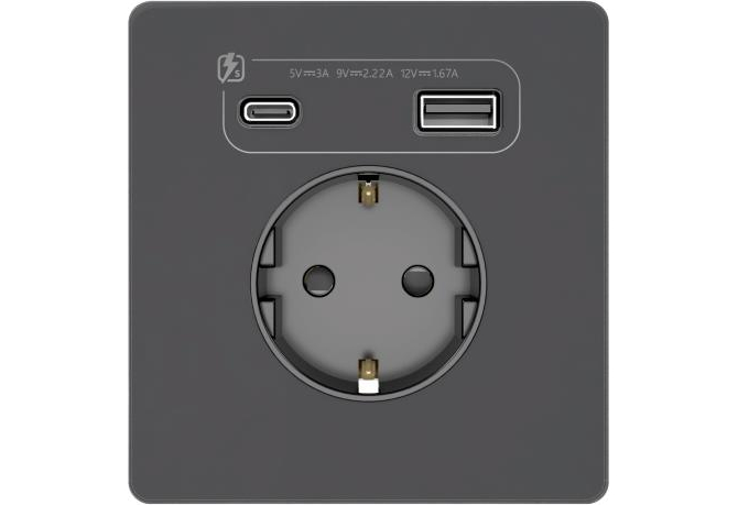 Розетка с заземлением, шторками и USB-A + USB-C 20 Вт Systeme Electric Infinity, Вулканический пепел, FSE000732