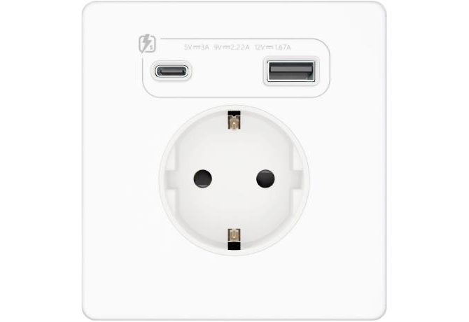 Розетка с заземлением, шторками и USB-A + USB-C 20 Вт Systeme Electric Infinity, Арктический лед, FSE000132