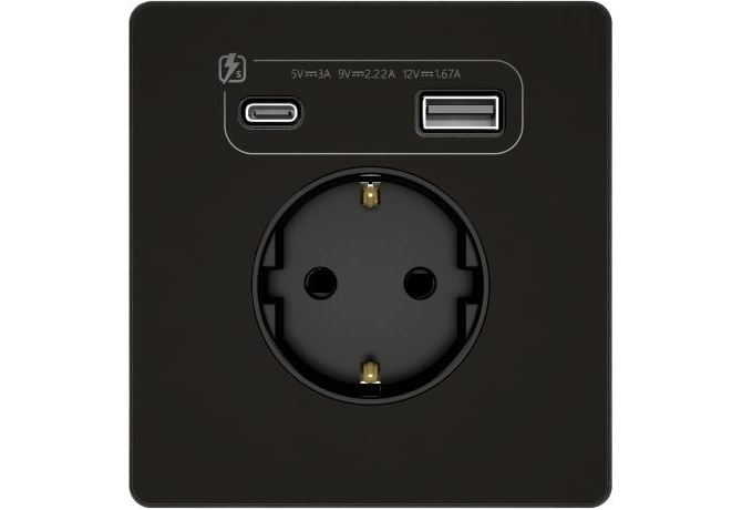 Розетка с заземлением, шторками и USB-A + USB-C 20 Вт Systeme Electric Infinity, Полярная ночь, FSE001032