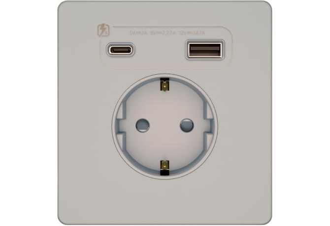 Розетка с заземлением, шторками и USB-A + USB-C 20 Вт Systeme Electric Infinity, Стальное небо, FSE001132
